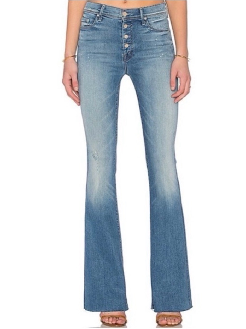 Mother Light Blue High-Rise Flare Distressed Jeans Pixie Cruiser Fray